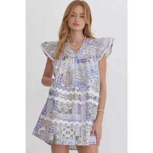 Entro Women’s Large Ric Rac Ruffle Purple Green Mini Dress